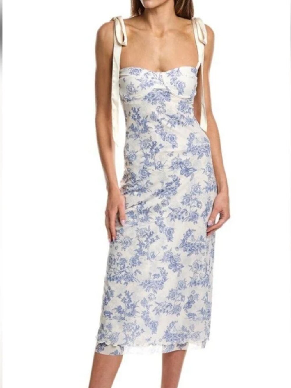 NWOT FREE PEOPLE Ivory and Blue Floral Midi Dress Size XS